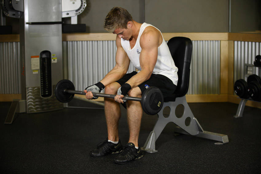 Seated Palm-Up Barbell Wrist Curl — starting position