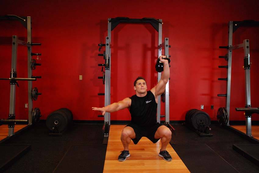 One-Arm Overhead Kettlebell Squats — end