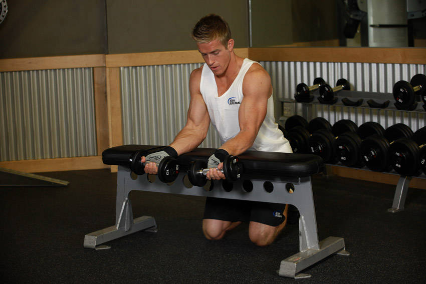 Palms-Up Dumbbell Wrist Curl Over A Bench — start