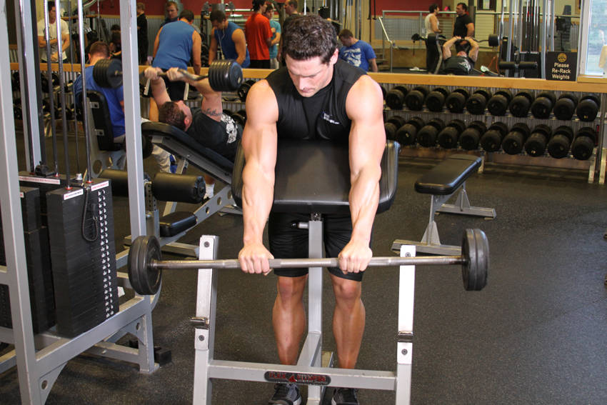 Reverse Barbell Preacher Curls — start